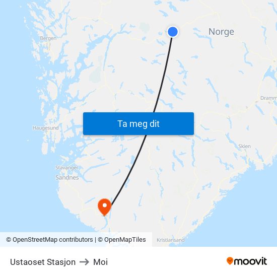 Ustaoset Stasjon to Moi map