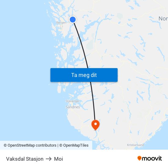 Vaksdal Stasjon to Moi map