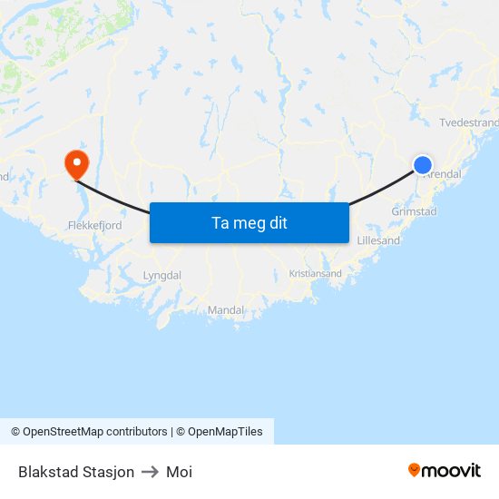 Blakstad Stasjon to Moi map