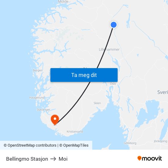 Bellingmo Stasjon to Moi map
