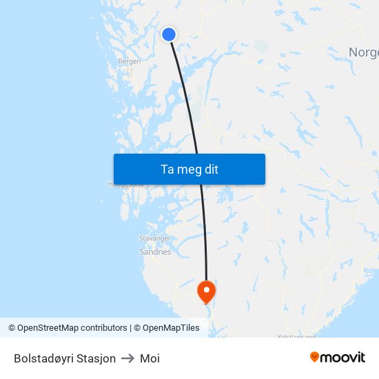 Bolstadøyri Stasjon to Moi map