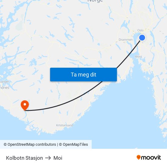 Kolbotn Stasjon to Moi map