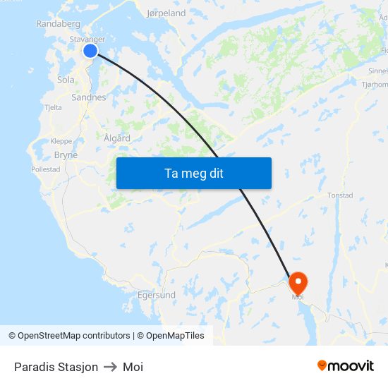 Paradis Stasjon to Moi map