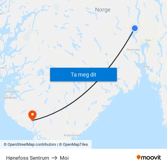 Hønefoss Sentrum to Moi map