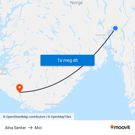 Alna Senter to Moi map