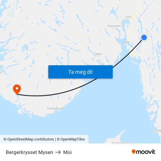 Bergerkrysset Mysen to Moi map