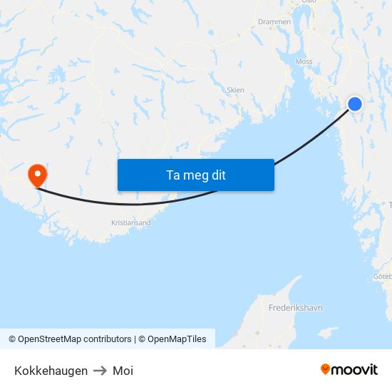 Kokkehaugen to Moi map