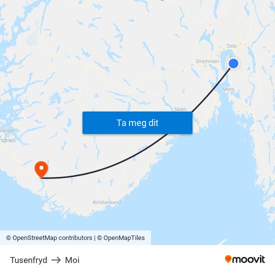 Tusenfryd to Moi map