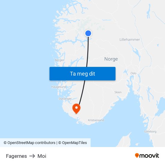 Fagernes to Moi map