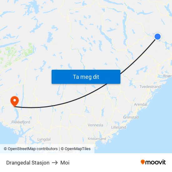 Drangedal Stasjon to Moi map