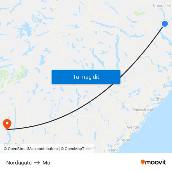 Nordagutu to Moi map