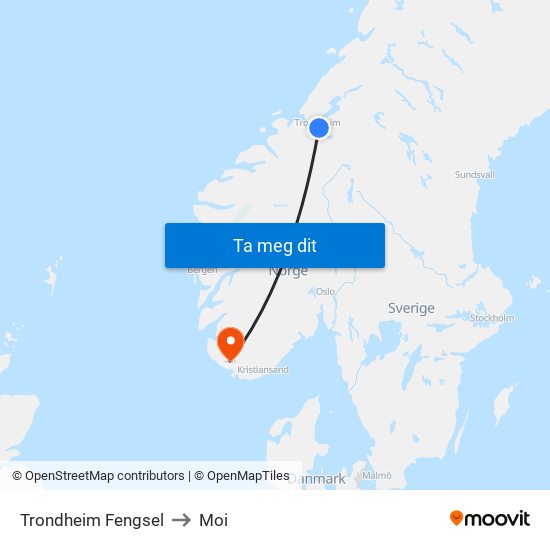 Trondheim Fengsel to Moi map