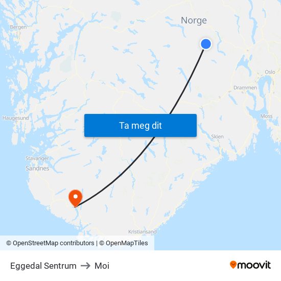 Eggedal Sentrum to Moi map