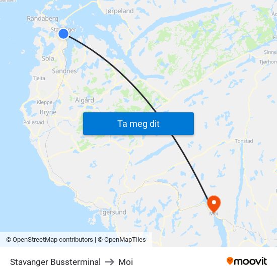 Stavanger Bussterminal to Moi map