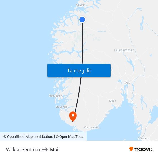 Valldal Sentrum to Moi map