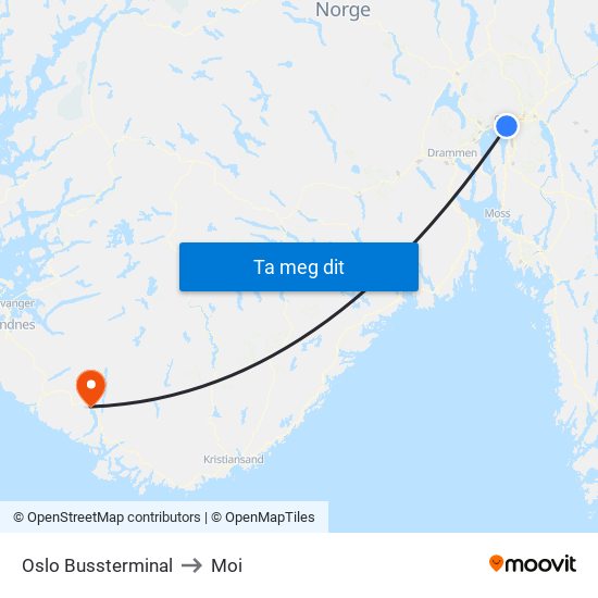 Oslo Bussterminal to Moi map