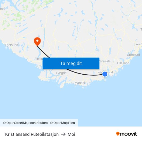 Kristiansand Rutebilstasjon to Moi map