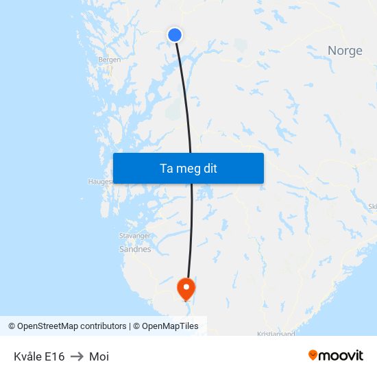 Kvåle E16 to Moi map