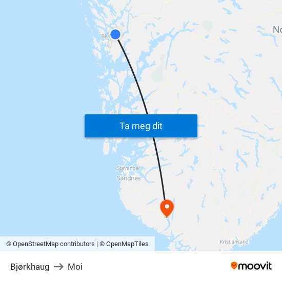 Bjørkhaug to Moi map