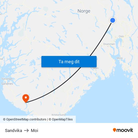 Sandvika to Moi map