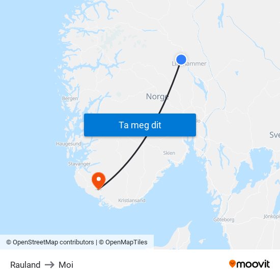 Rauland to Moi map