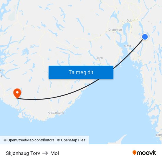 Skjønhaug Torv to Moi map
