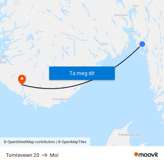 Tomteveien 20 to Moi map