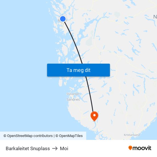 Barkaleitet Snuplass to Moi map