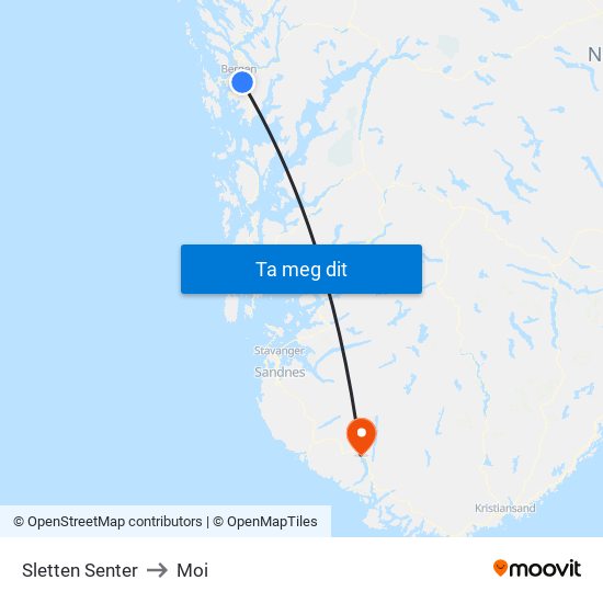 Sletten Senter to Moi map