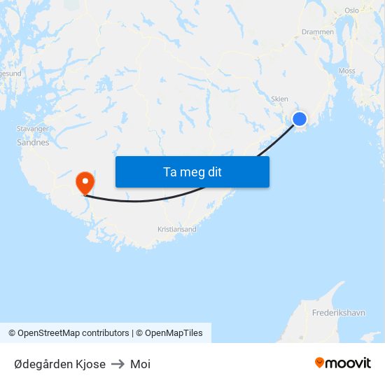 Ødegården Kjose to Moi map