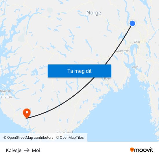 Kalvsjø to Moi map