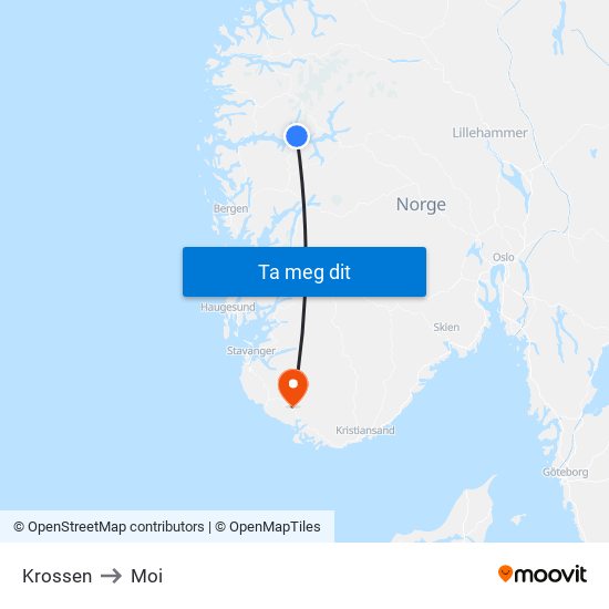 Krossen to Moi map