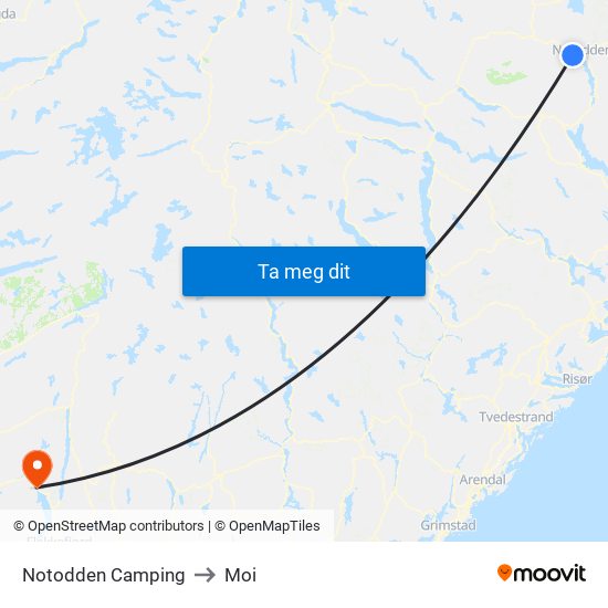 Notodden Camping to Moi map