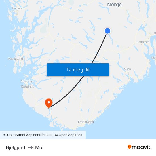 Hjelgjord to Moi map