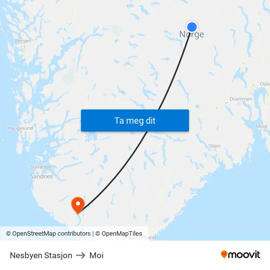 Nesbyen Stasjon to Moi map