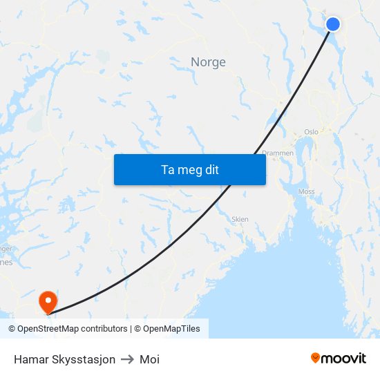 Hamar Skysstasjon to Moi map