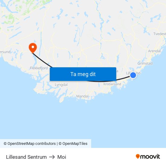 Lillesand Sentrum to Moi map