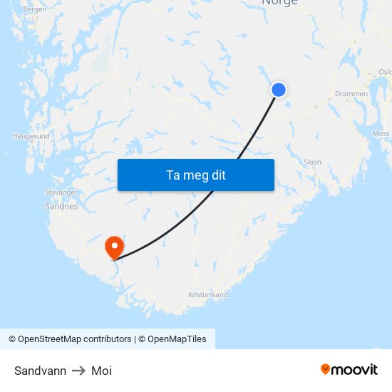 Sandvann to Moi map