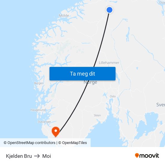 Kjelden Bru to Moi map