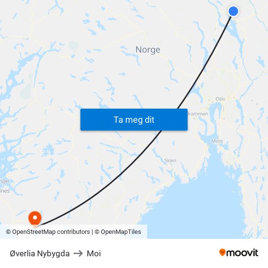 Øverlia Nybygda to Moi map