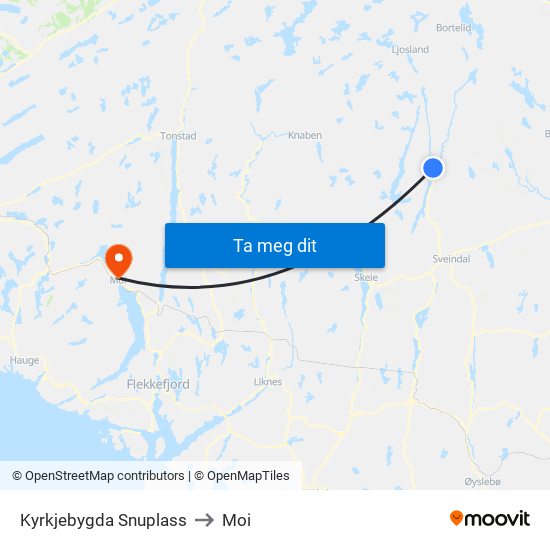 Kyrkjebygda Snuplass to Moi map