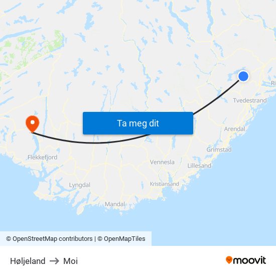 Høljeland to Moi map