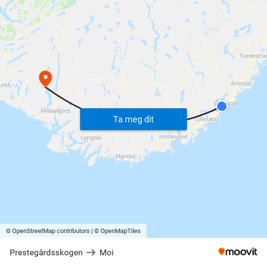 Prestegårdsskogen to Moi map