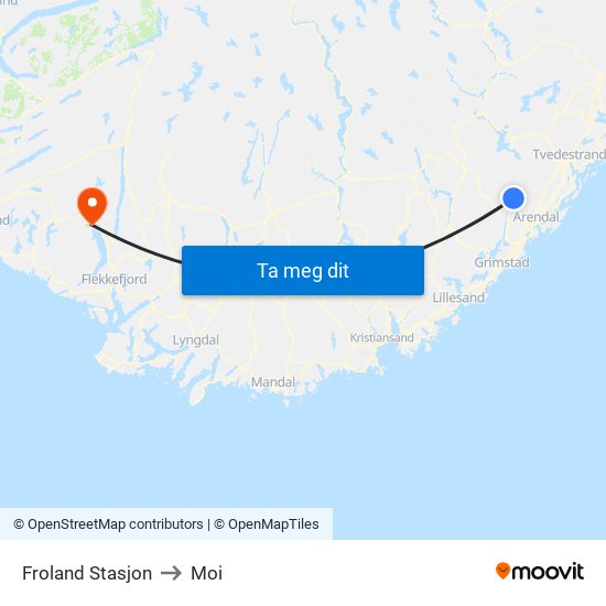 Froland Stasjon to Moi map