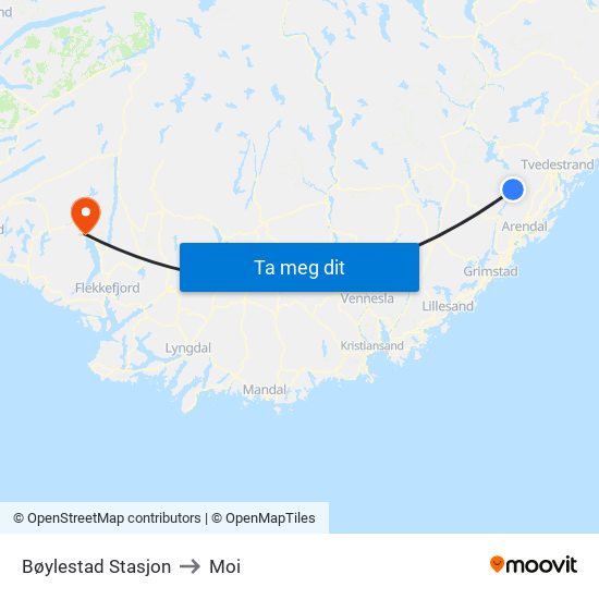 Bøylestad Stasjon to Moi map