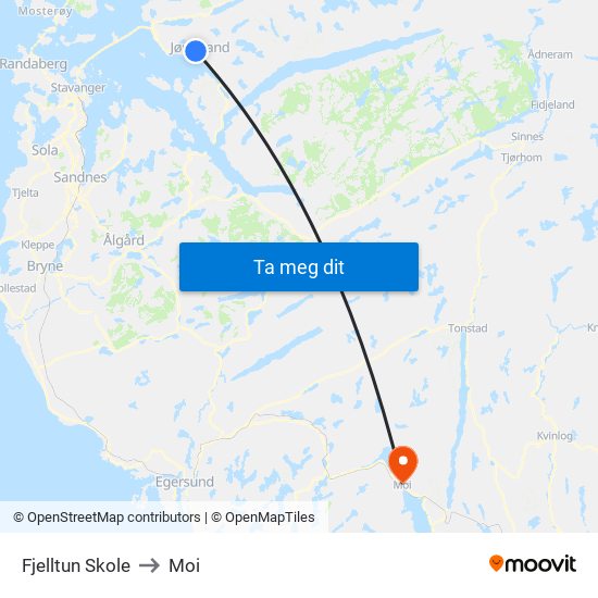 Fjelltun Skole to Moi map