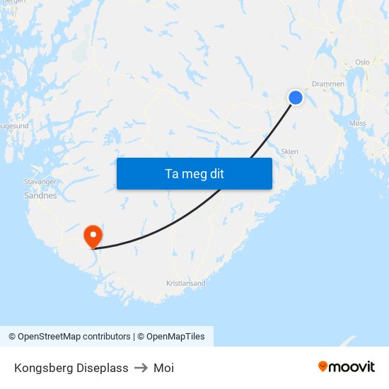 Kongsberg Diseplass to Moi map