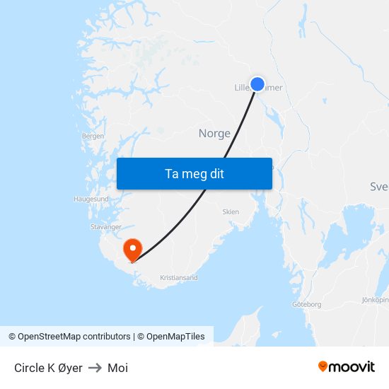 Circle K Øyer to Moi map