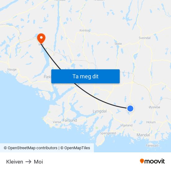 Kleiven to Moi map