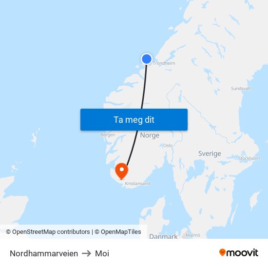 Nordhammarveien to Moi map